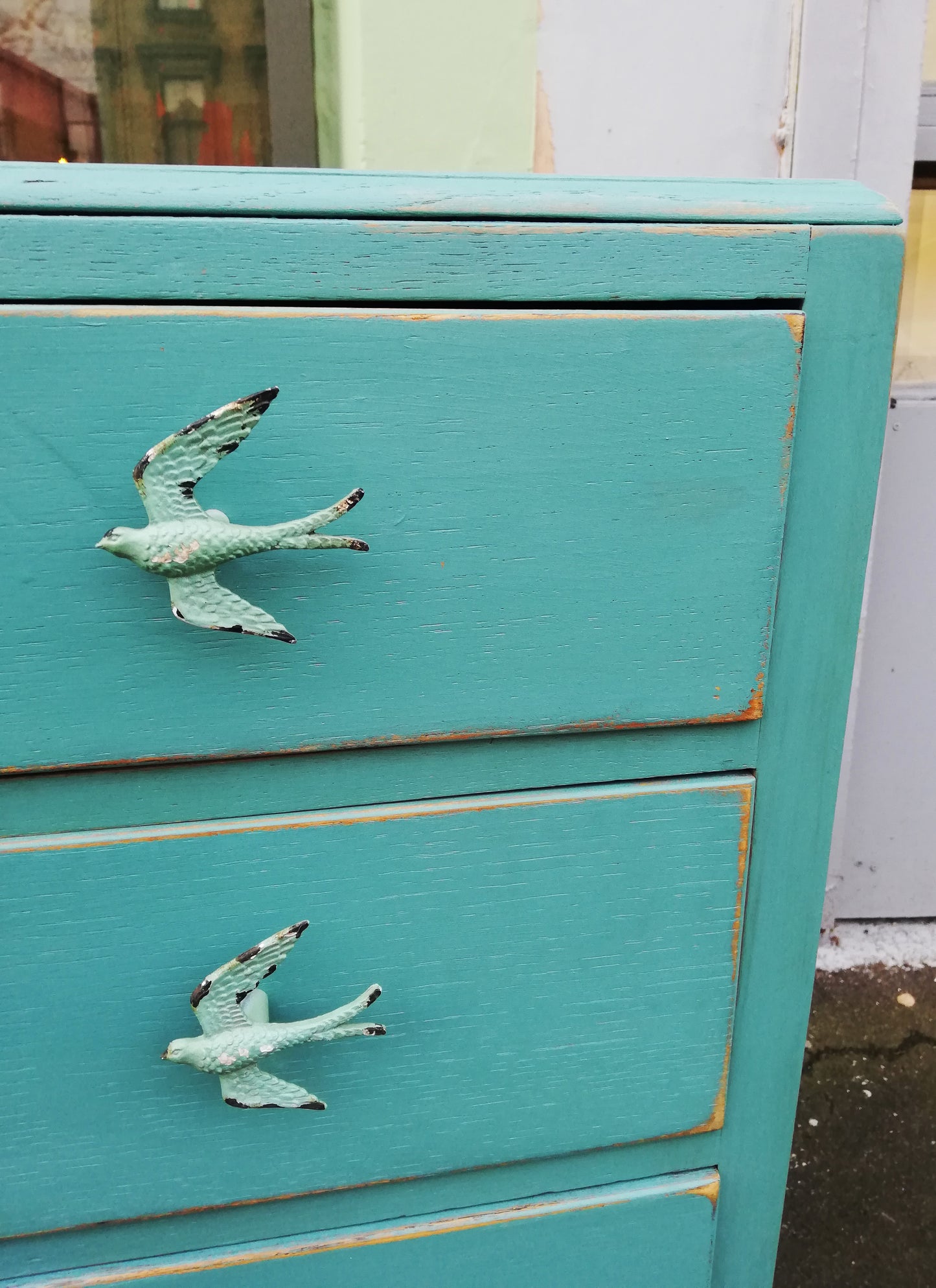 Custom Listing for Sarah-Jane Vintage Chest Of Drawers painted turquoise with bird handles and botanical drawer lining.
