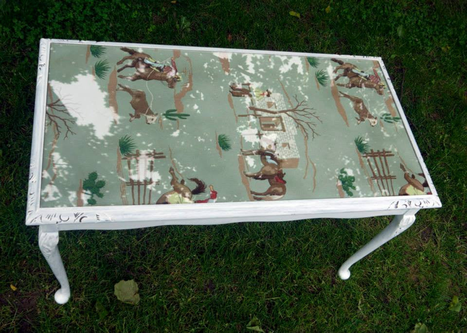 Vintage coffee table with 1940's original hand painted cowboy wallpaper