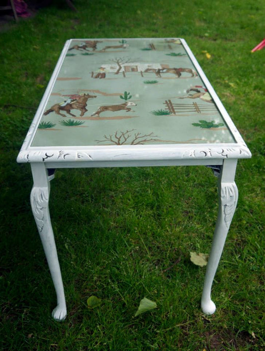 Vintage coffee table with 1940's original hand painted cowboy wallpaper