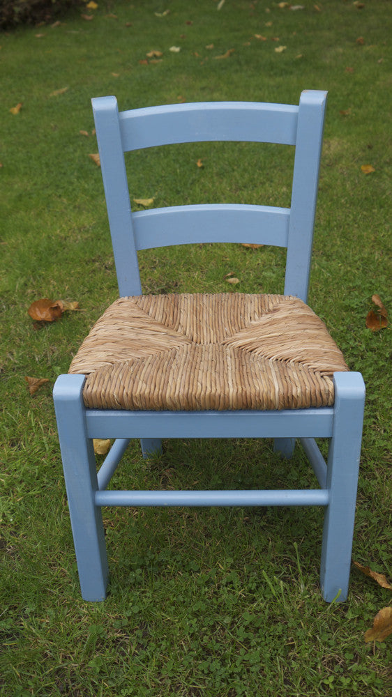 Child's vintage rush seat chair with a shabby chic blue frame from Emily Rose Vintage