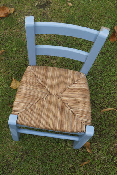 Child's vintage rush seat chair with a shabby chic blue frame from Emily Rose Vintage