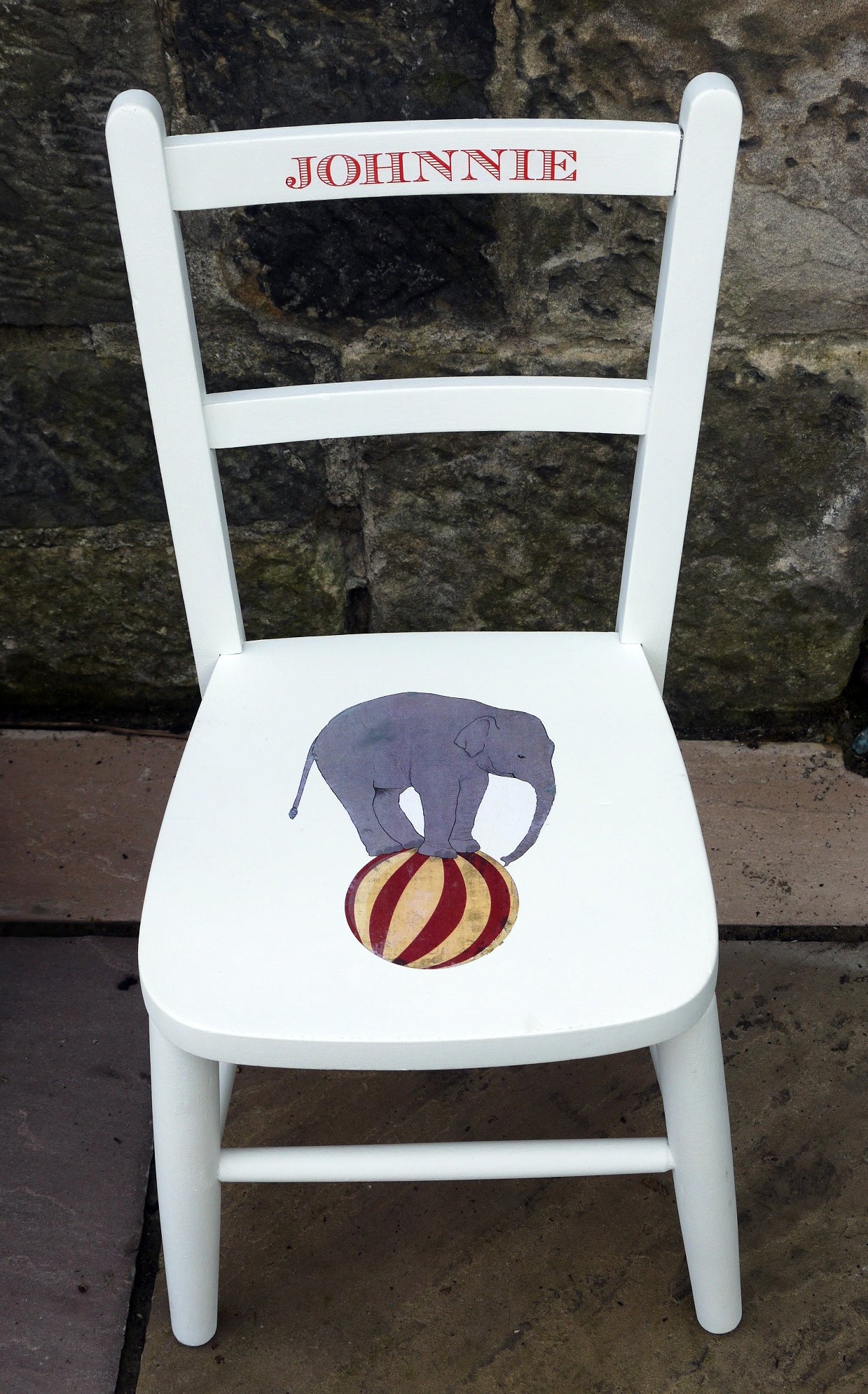 Children's personalised upcycled wooden nursery school chair with vintage circus theme and your child's name