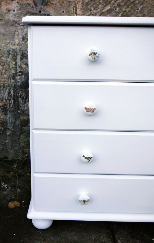 Children's vintage pine chest of drawers in fusion mineral paint Picket Fence with bird and butterfly handles by Emily Rose VIntage
