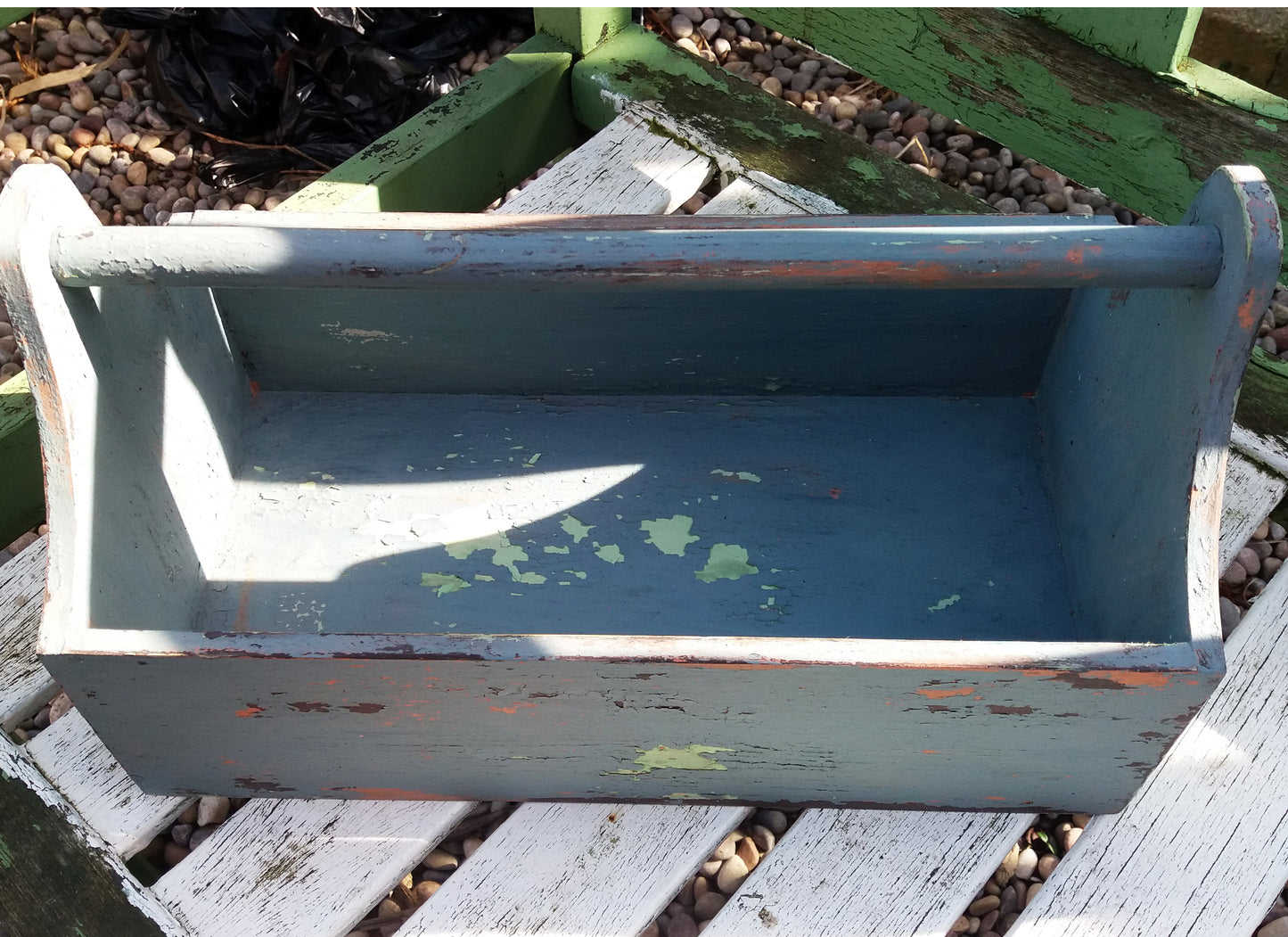 Chippy vintage style painted wooden trug in layers of Miss Mustard Seed Milk Paint