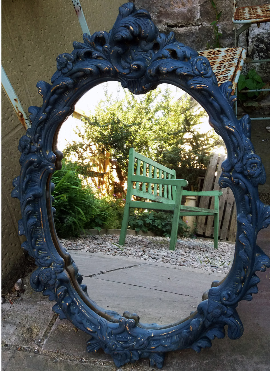 Chunky ornate gold mirror in a custom mix of miss mustard seed milk paint