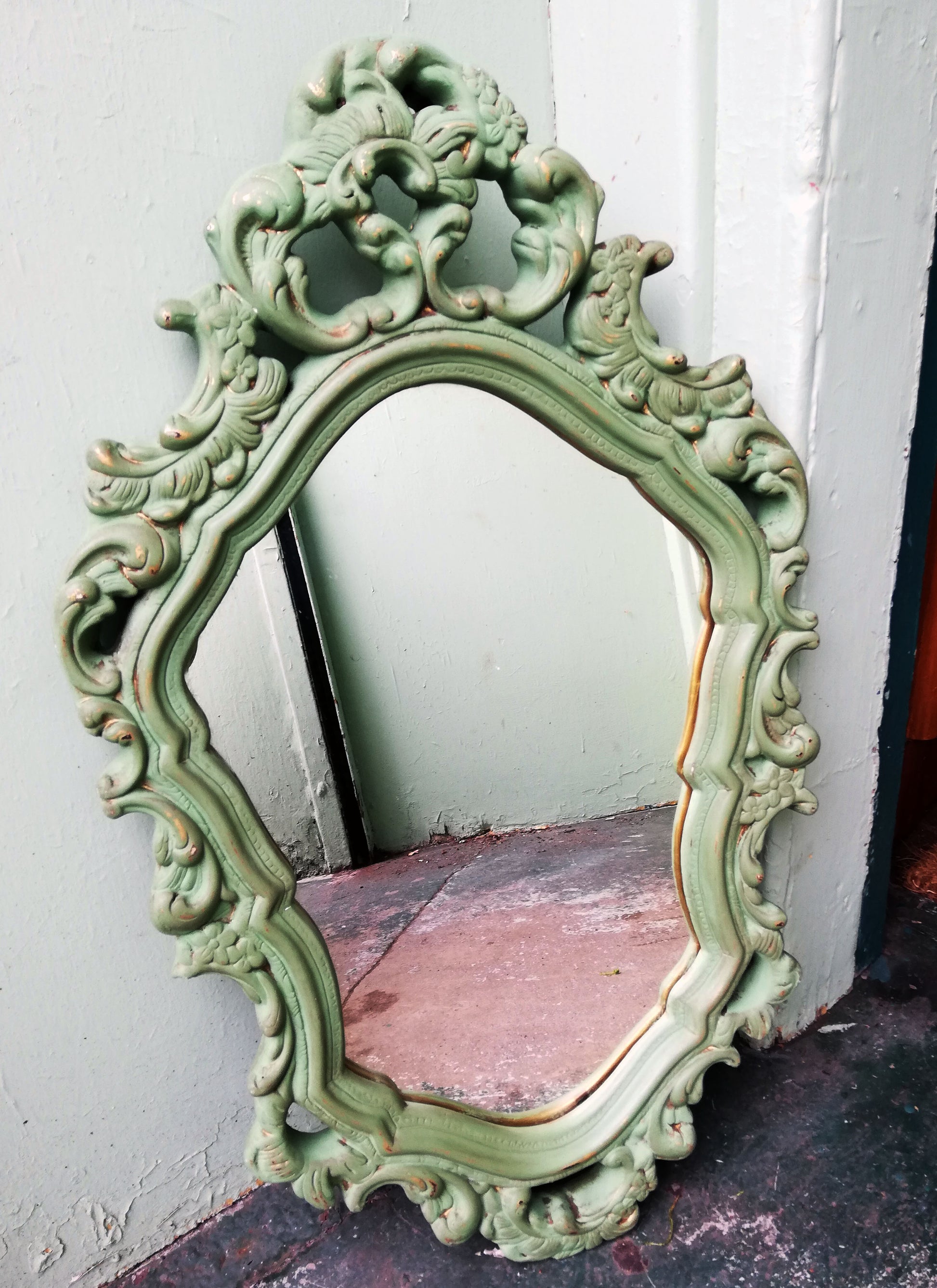 Chunky ornate gold mirror painted in an Olive Green antique finish