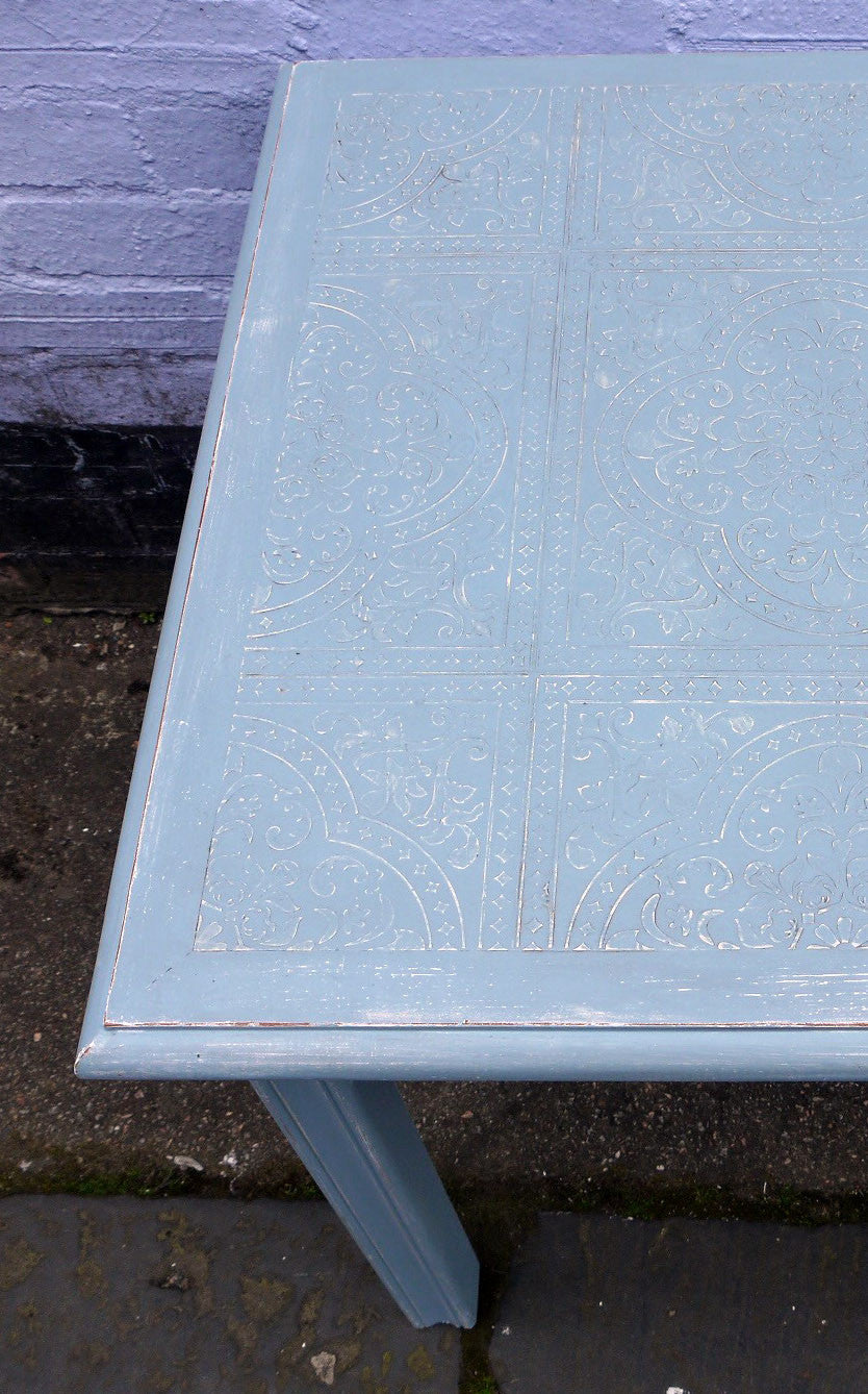 Embossed coffee / side table in fusion mineral paint Champness blue with dark wax