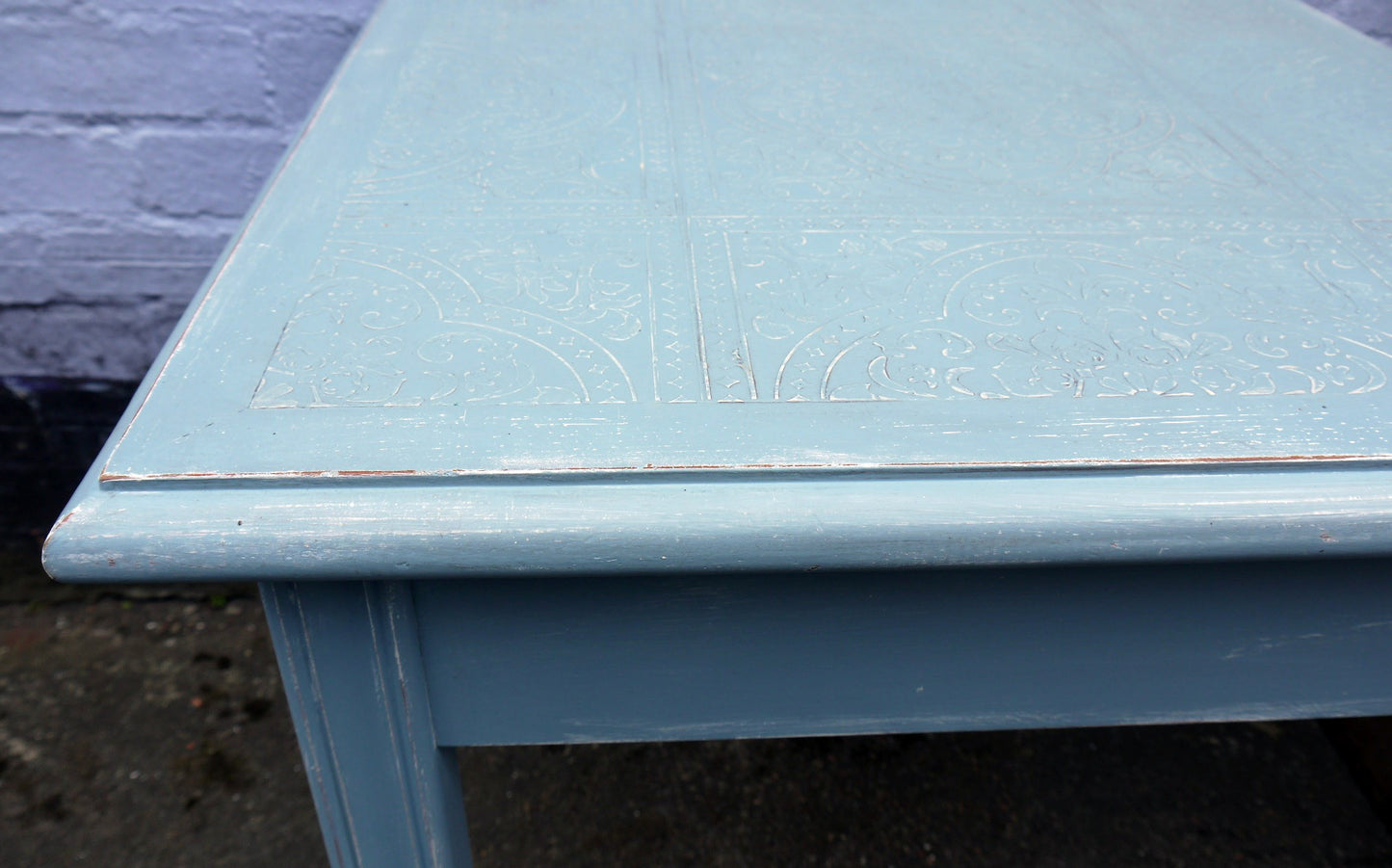 Embossed coffee / side table in fusion mineral paint Champness blue with dark wax