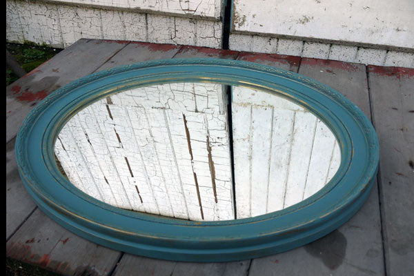 Gold gilt oval vintage mirror hand painted in Miss Mustard Seed Milk Paint Kitchen Scale blue