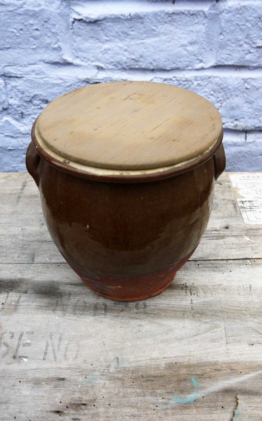 Gorgeous earth tones rustic stoneware pot with original wooden lid