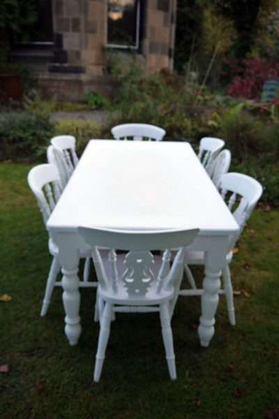 Refurbished shabby chic farmhouse vintage dining table and 8 mismatched dining chairs in white 