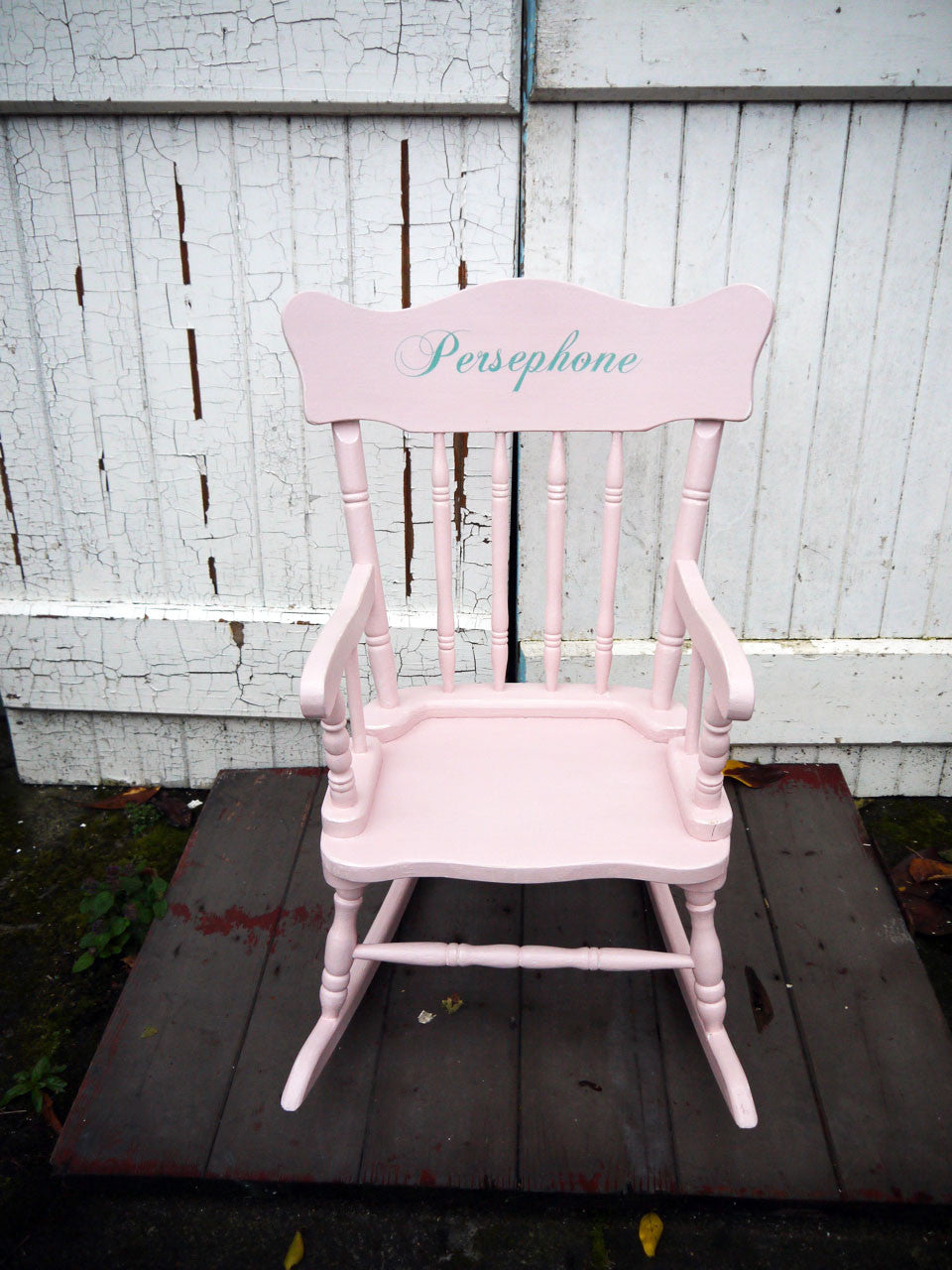 Custom listing for Alice Children's upcycled wooden rocking chair in Rose Pink Autentico with name Persephone Authentico Antique Turquoise by Emily Rose Vintage