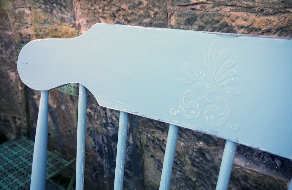 Hand painted vintage shabby chic rocking chair in Fusion Mineral Paint Heirloom Blue