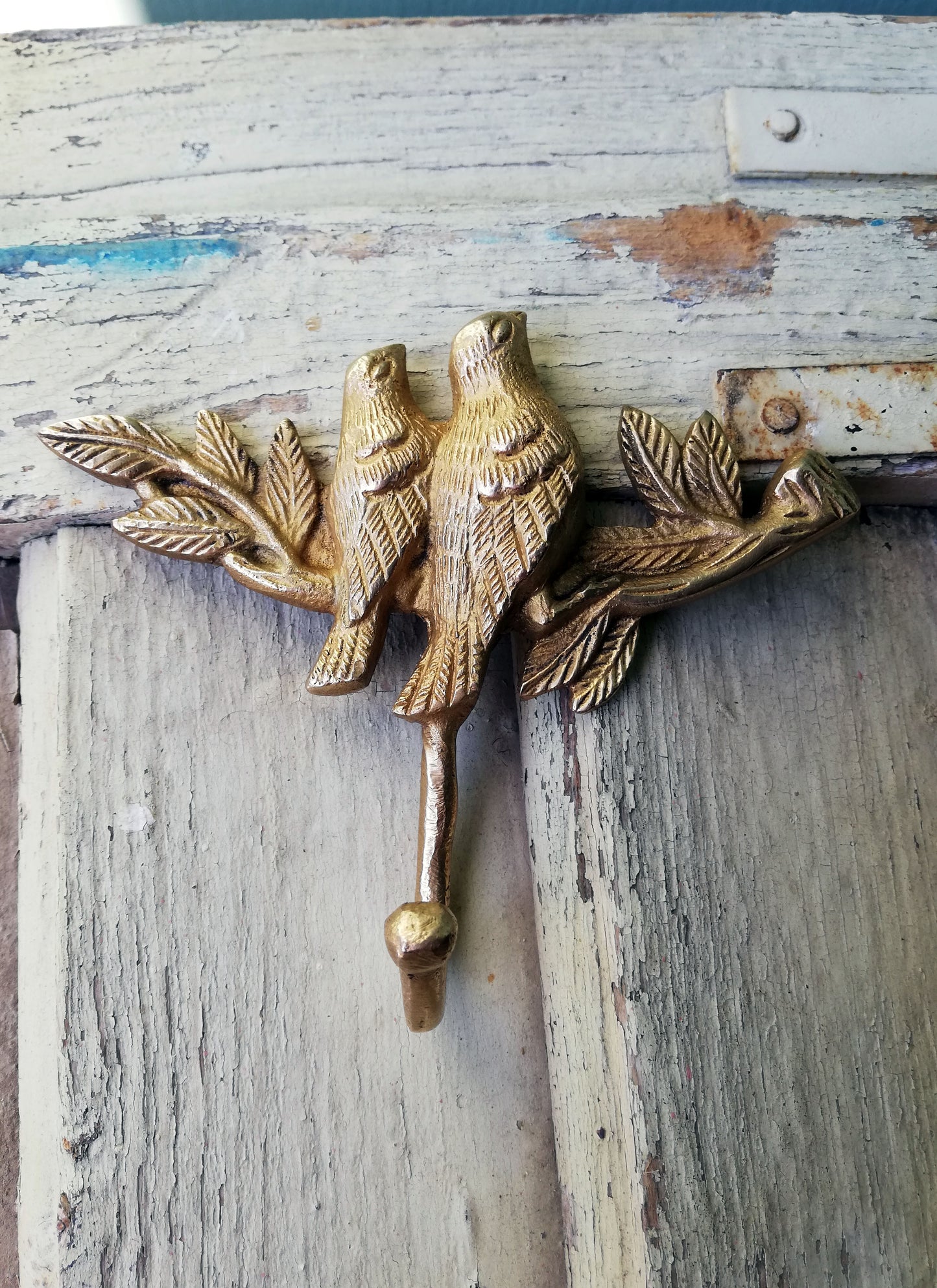 Handmade Vintage style Brass Wall Hook of two bird figurines sitting on a branch