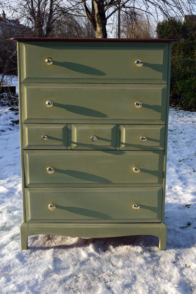 in Miss Mustard Seed milk Paint Luckett's Green with dark wood top
