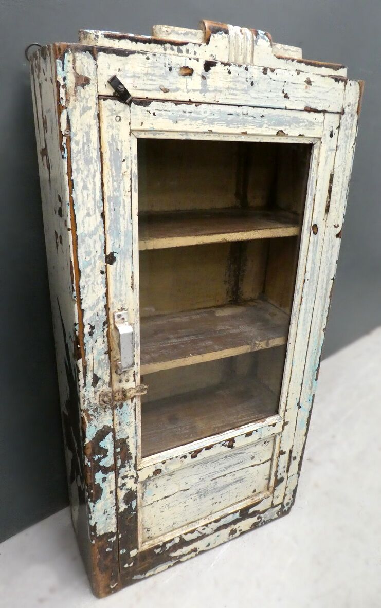 Beautiful antique teak painted glass fronted wall cabinet with original cream chippy paint