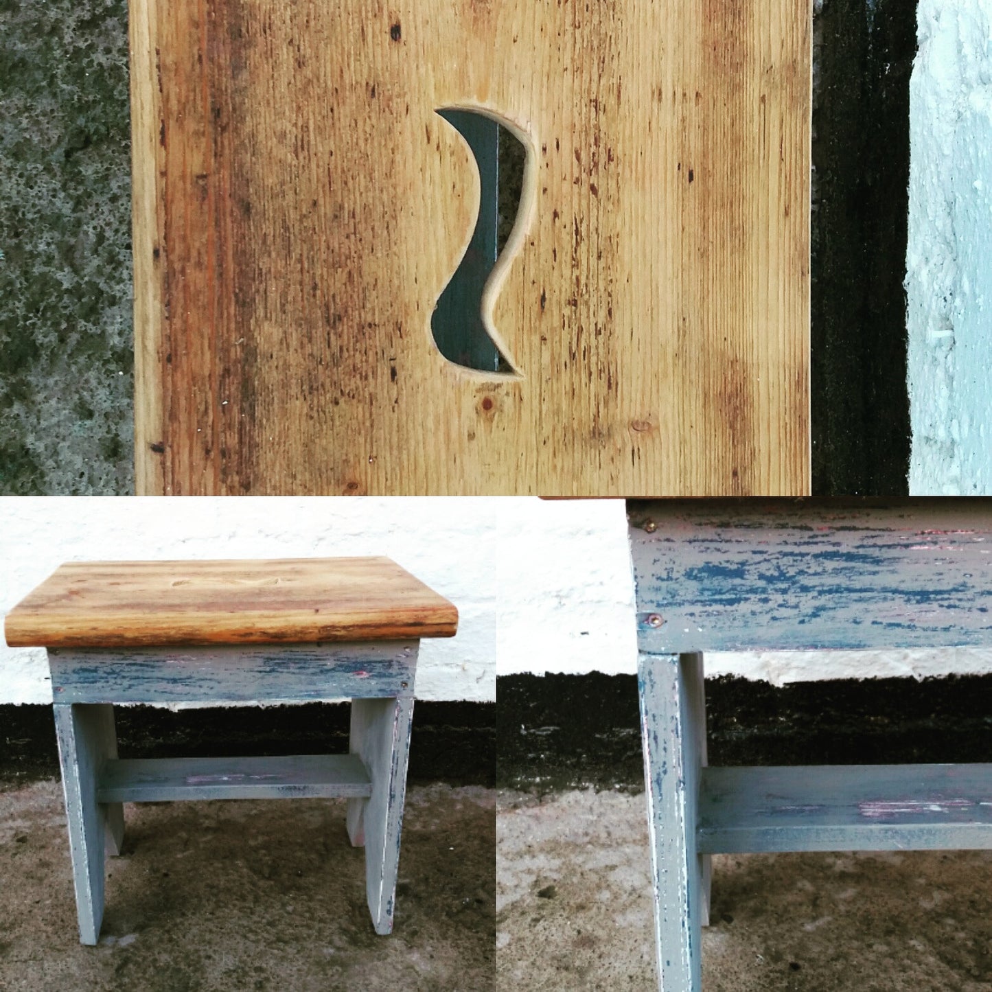 Hand made reclaimed wood step stool painted in layers of miss mustard seed milk paint