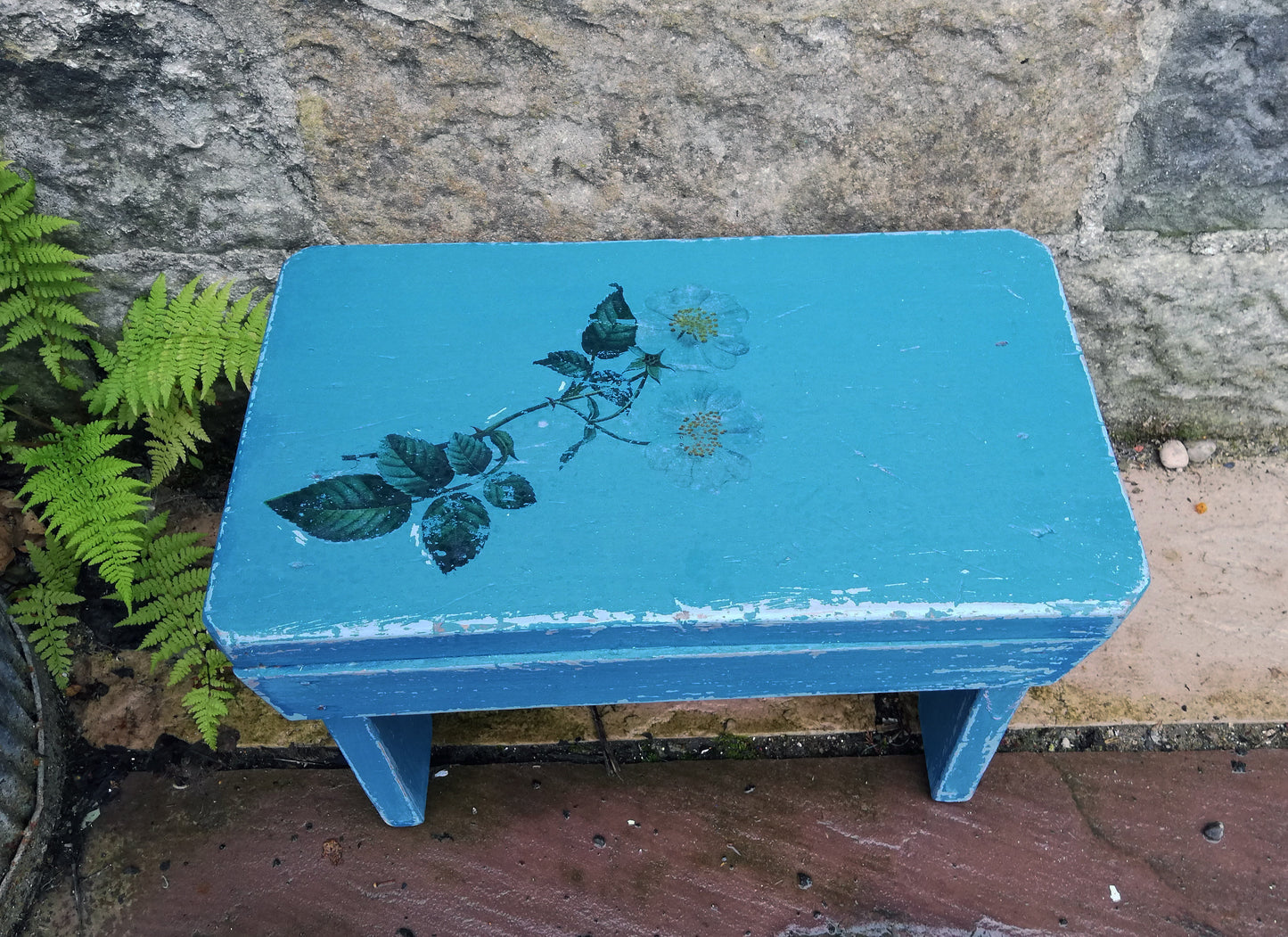 Vintage hand painted  wooden step stool with blue rose design