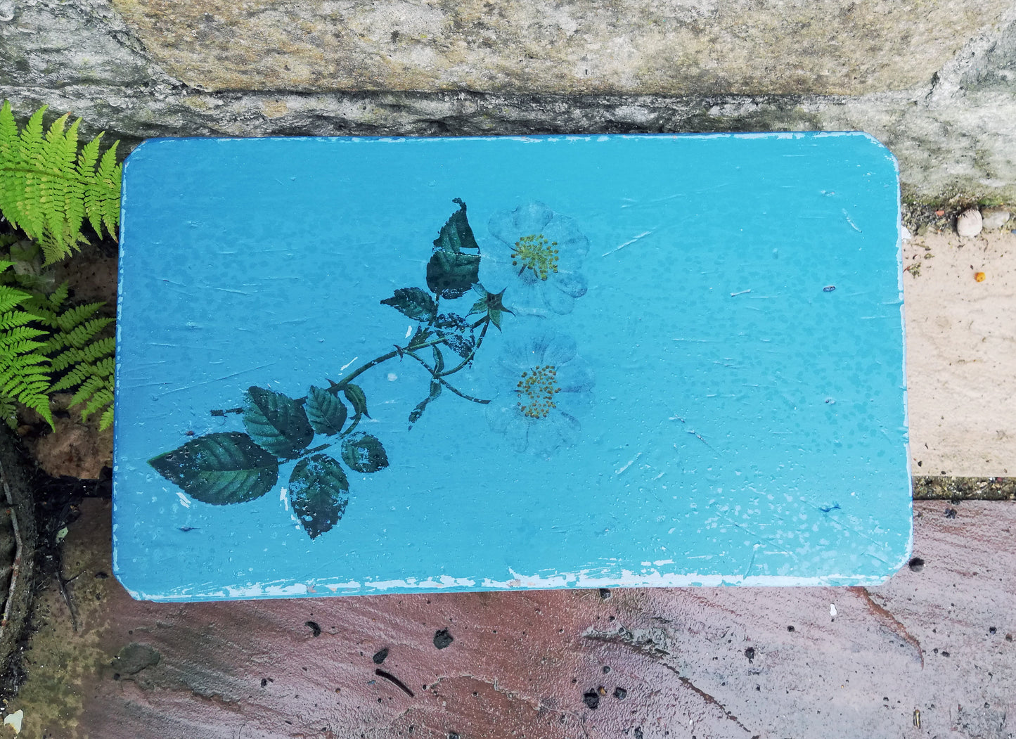 Vintage hand painted  wooden step stool with blue rose design