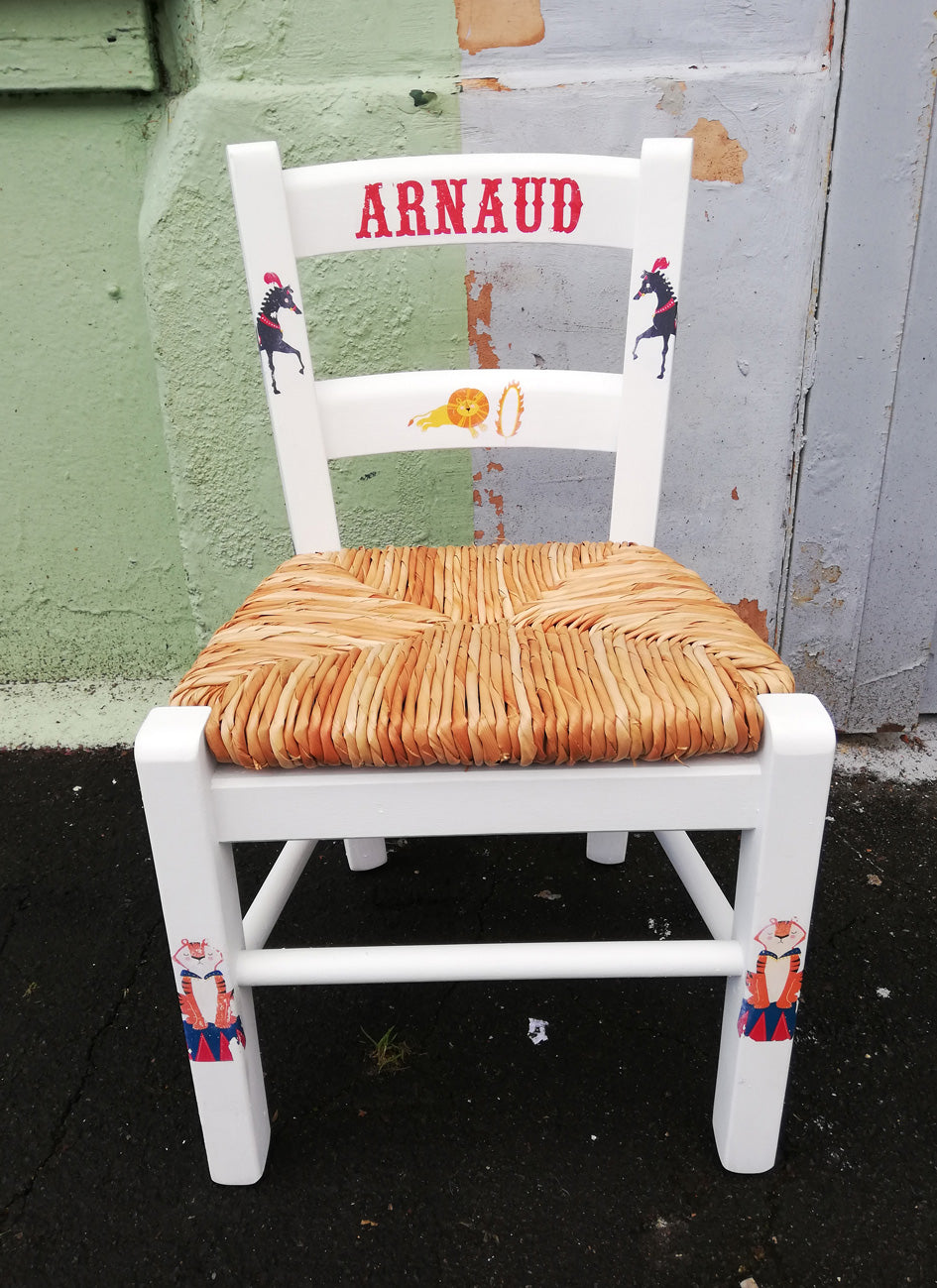 Rush seat personalised children's chair - French Circus theme - made to order