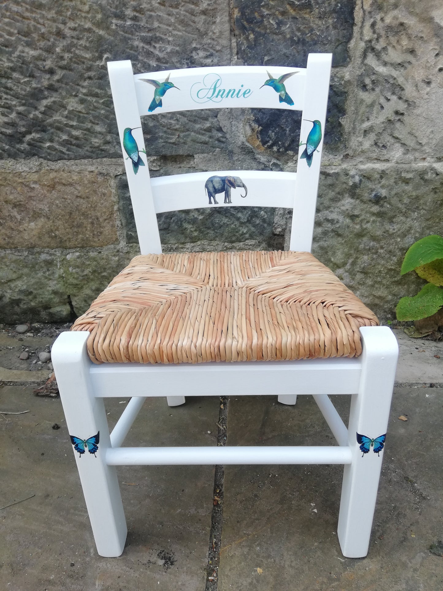 Upcycled rush seat personalised children's chair - hummingbird friend's theme  - made to order