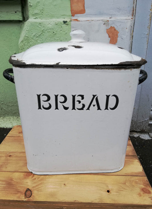 Gorgeous big vintage black and white enamel bread bin