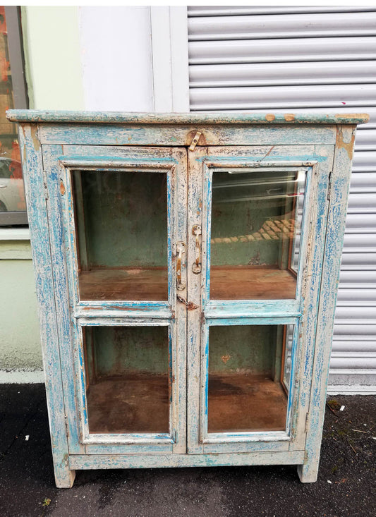 RESERVED Stunning Antique 1920's teak wood glass fronted cabinet with original chippy blue and green paint finish
