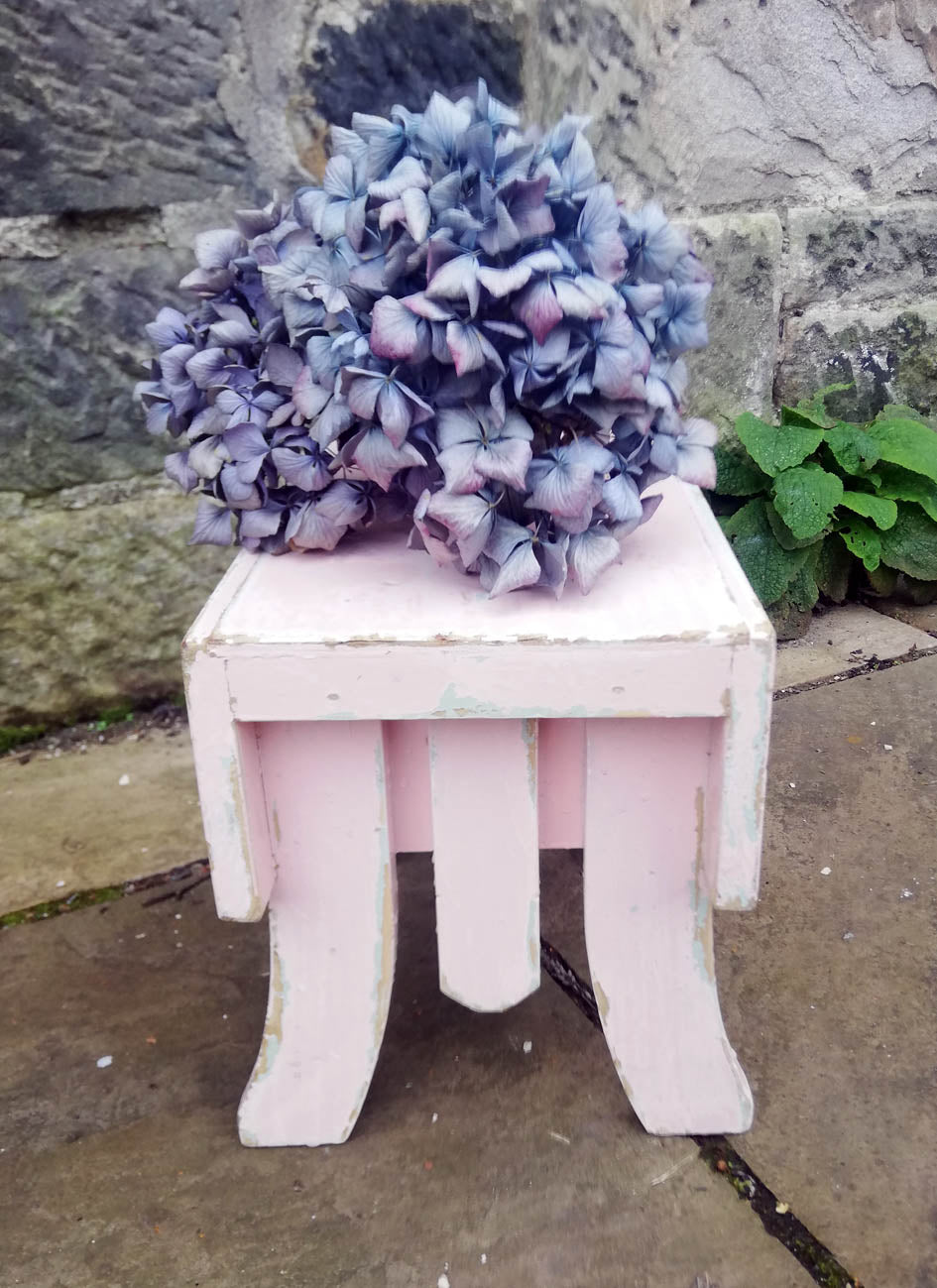 Reserved cute little vintage step stool in original chippy turquoise and pink paint
