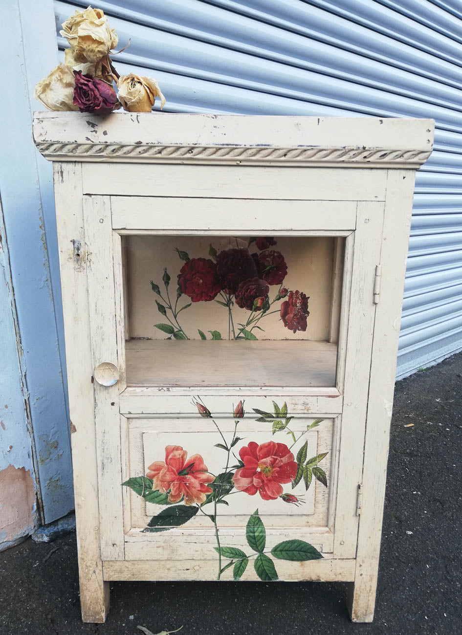 Antique teak wood painted wall unit with floral rose design