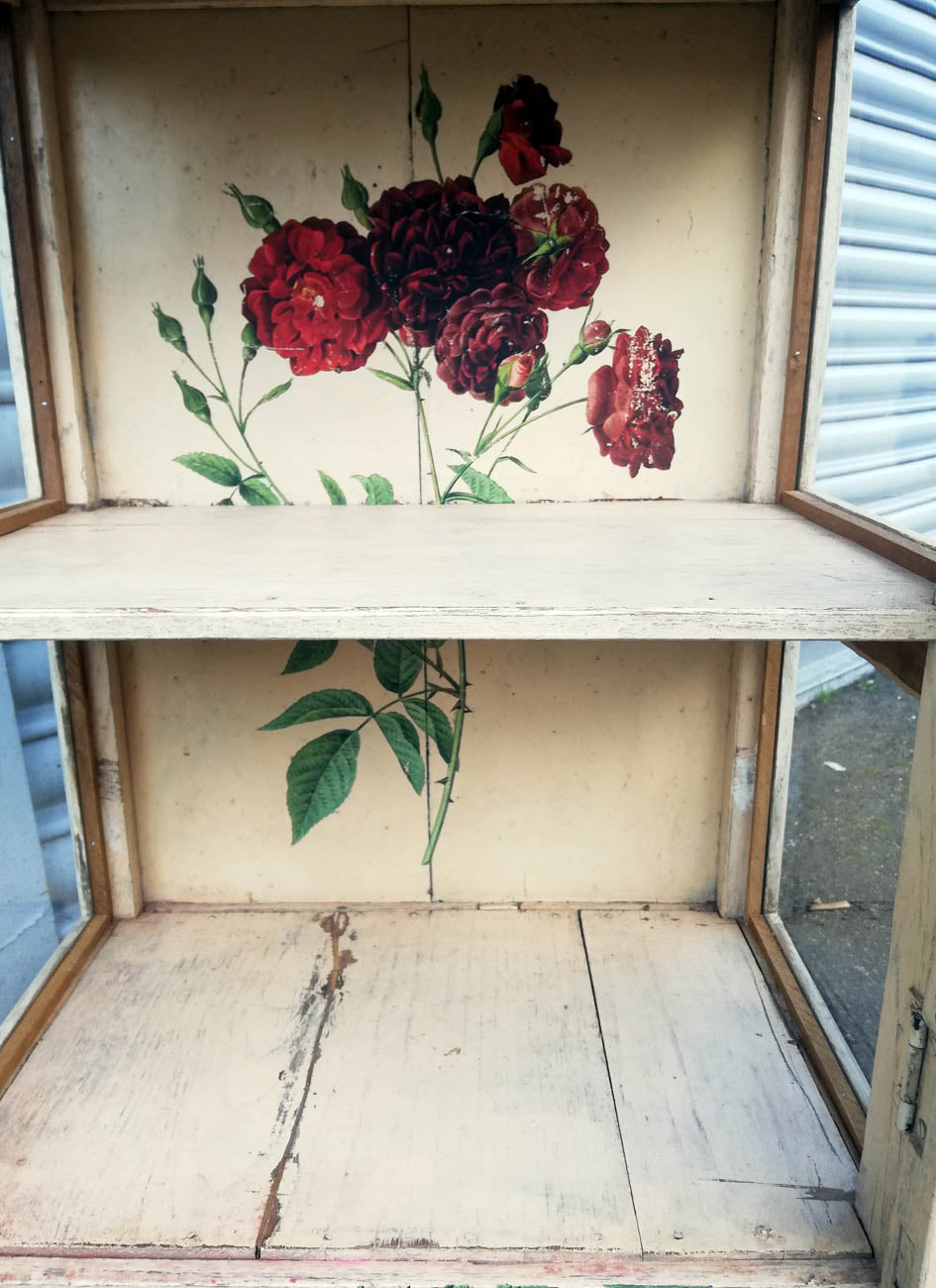 Antique teak wood painted wall unit with floral rose design