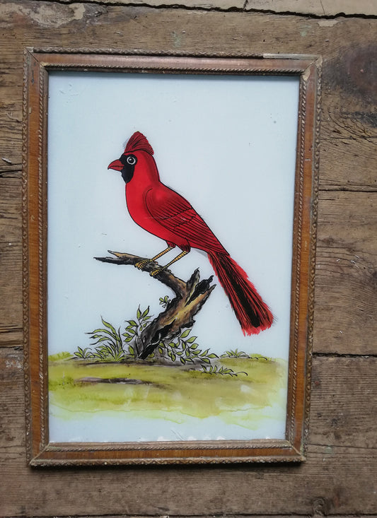 Large Vintage glass painting of a Red Cardinal