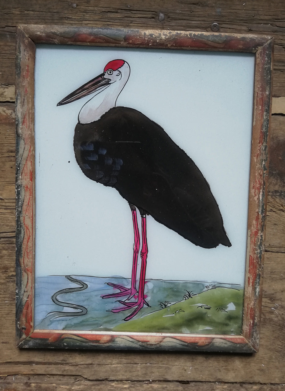 Large Vintage glass painting of a Pelican