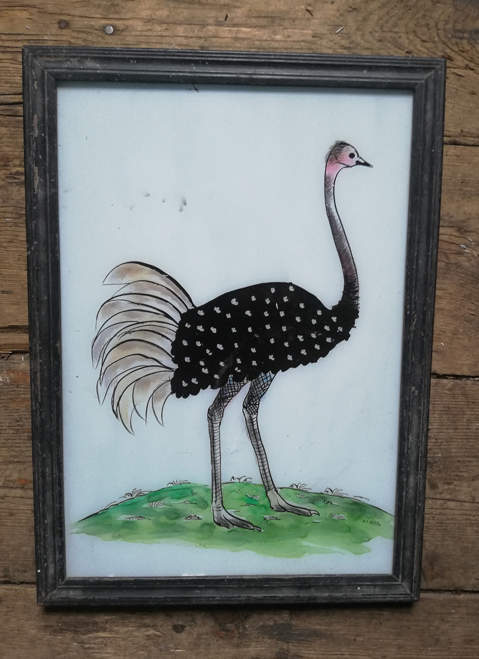 Large Vintage glass painting of an ostrich