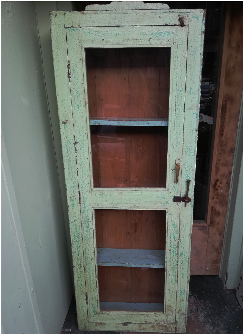 Beautiful Indian antique teak painted glass fronted wall cabinet with original green chippy paint