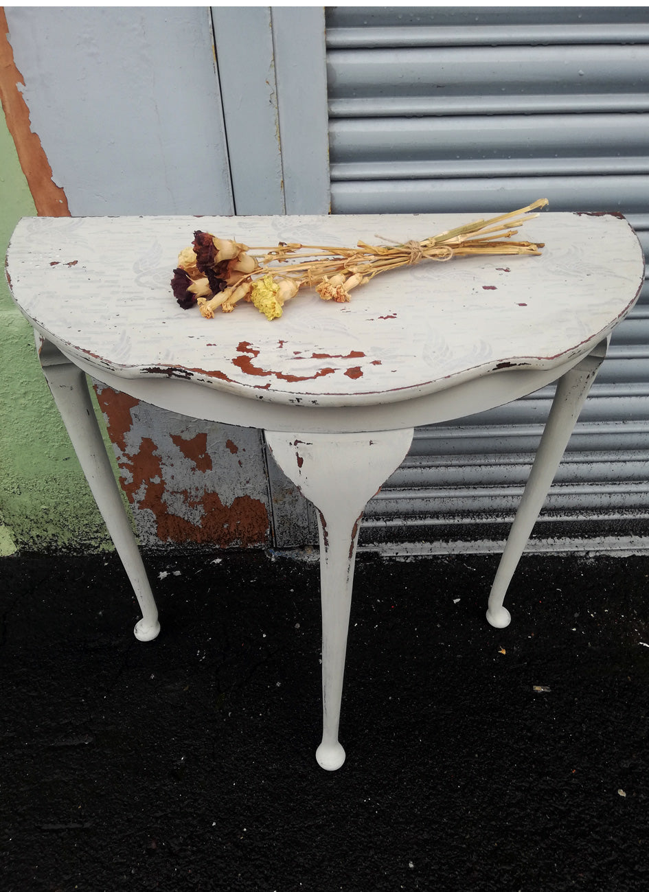 RESERVED Half moon table painted in chippy Miss Mustard Seed Milk Paint Grainsack