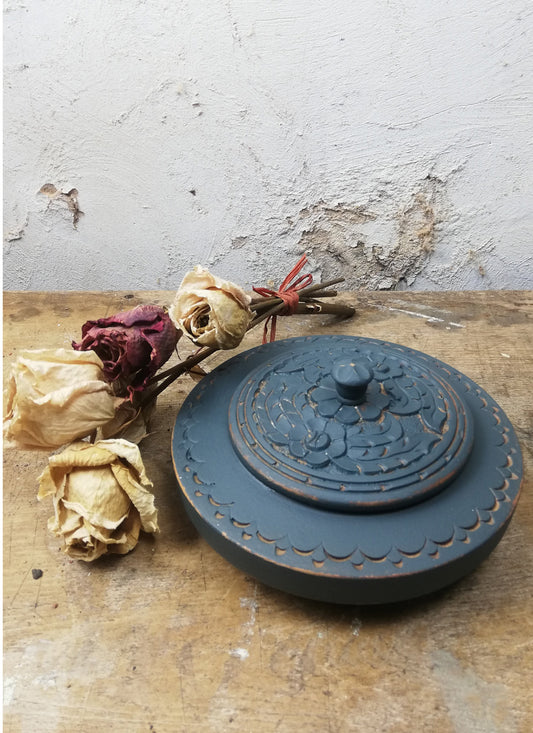 Carved wooden box painted in a custom colour of miss mustard seed milk paint.