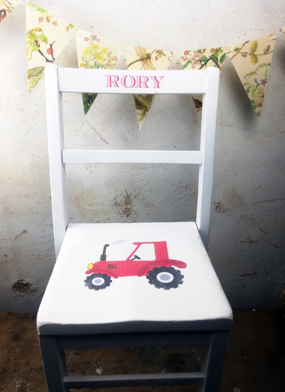Children's personalised  wooden nursery school chair - Racing Car /Tractor theme and your child's name