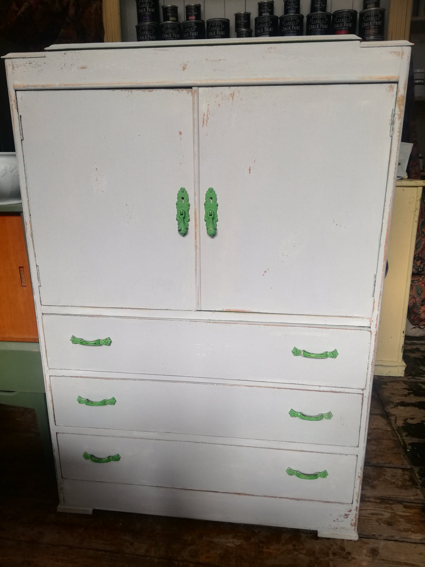 Reserved for Jed Vintage tallboy shabby chic cabinet painted in grey and green