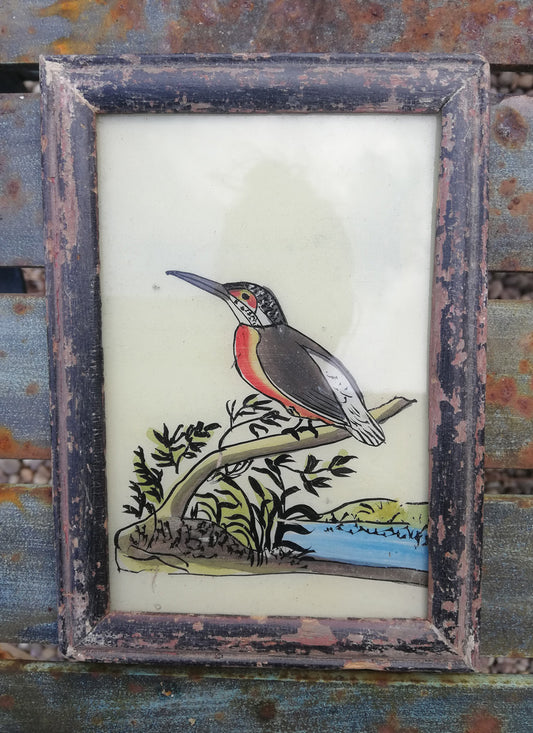 Vintage glass painting of a kingfisher in a beautiful original frame