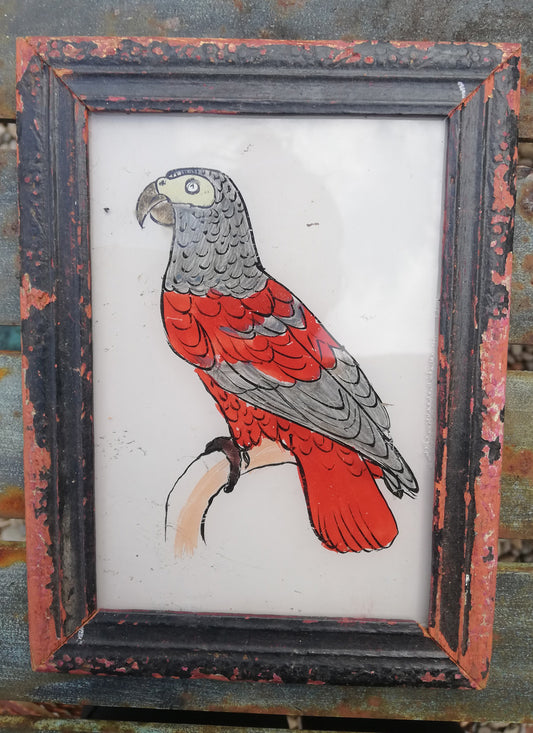Vintage glass painting of a parrot in a beautiful original frame