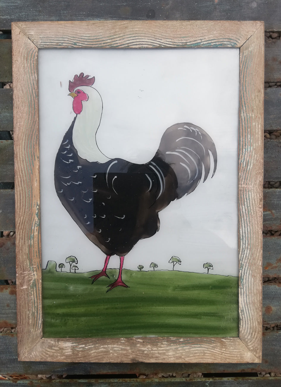 Large Vintage glass painting of a Rooster