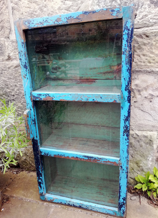 Beautiful antique teak painted glass fronted wall cabinet with original blue chippy paint