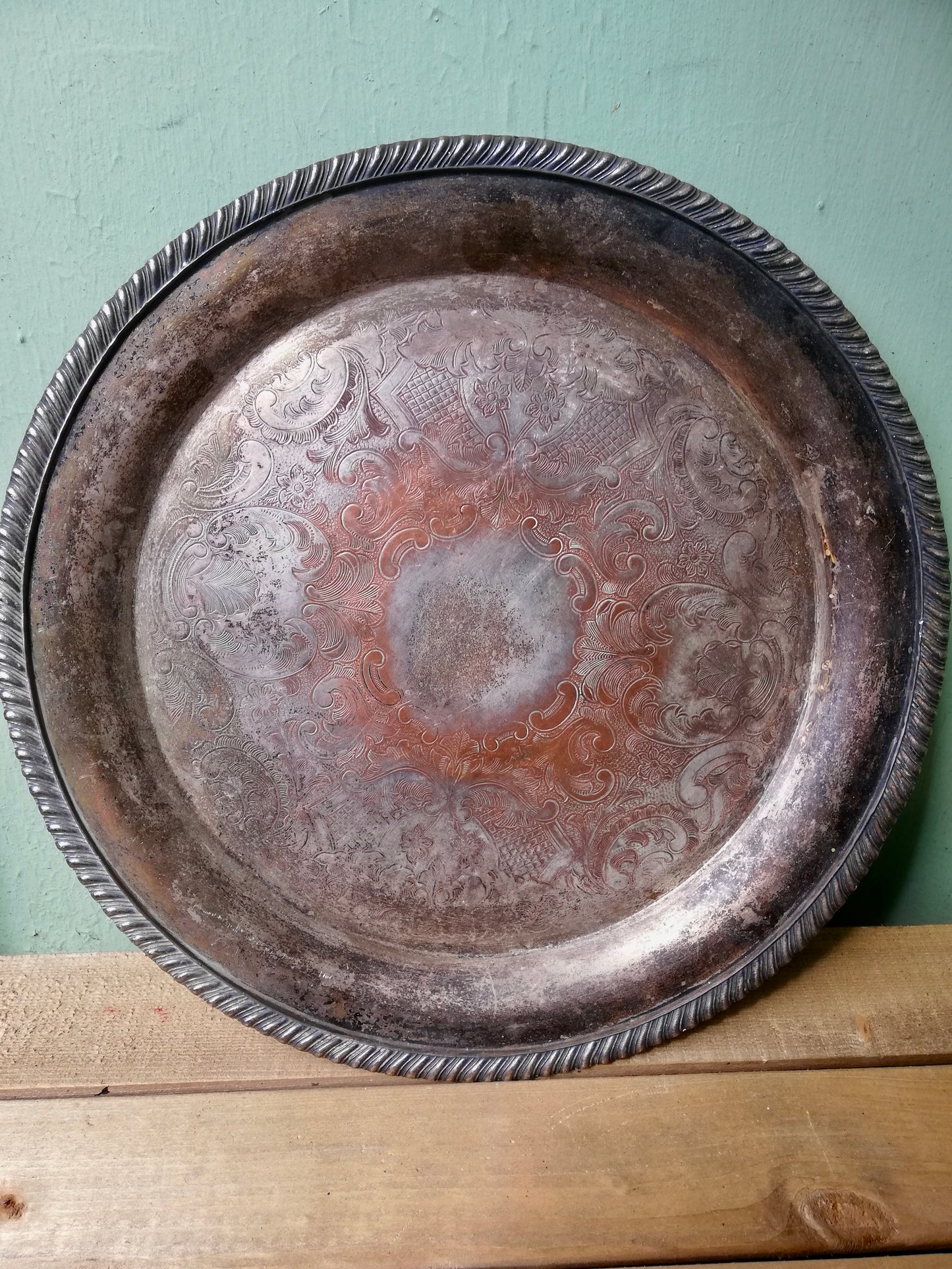 Huge Vintage etched metal serving platter