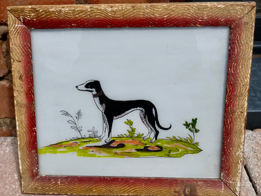 Large Vintage glass painting of a greyhound / whippet dog