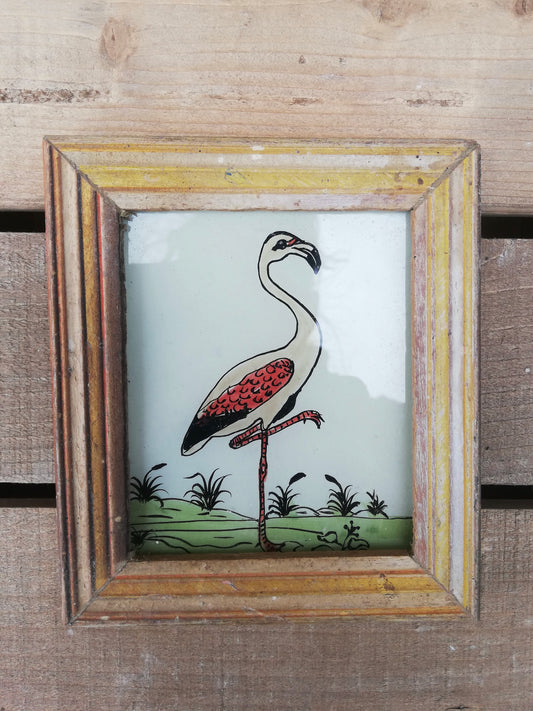 Vintage glass painting of a flamingo in a beautiful original frame