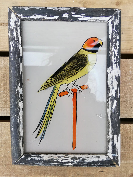 Vintage glass painting of a parrot in a beautiful original frame