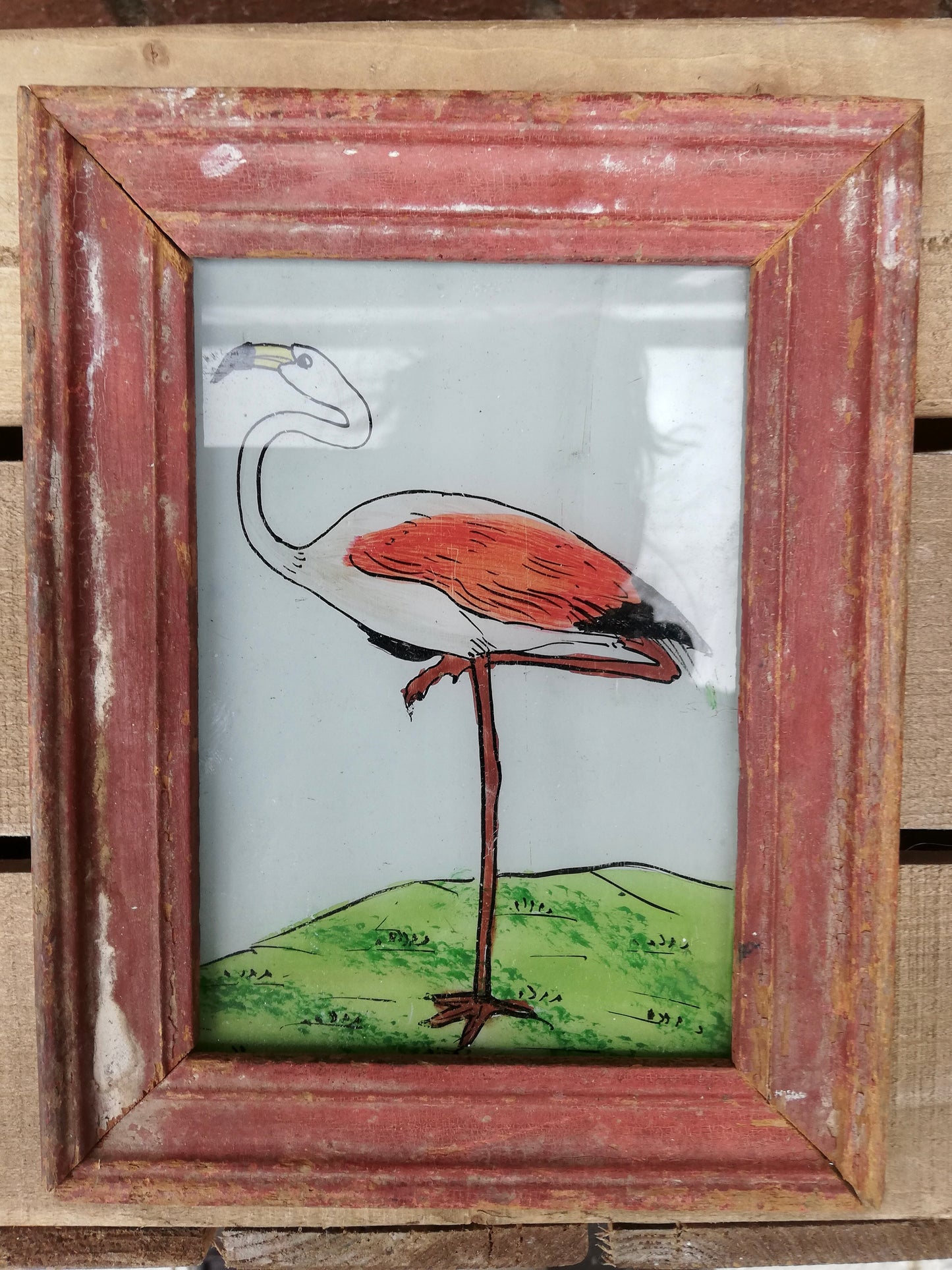 Vintage glass painting of a flamingo in a beautiful original frame