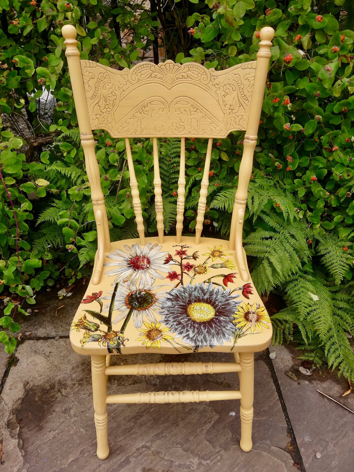Commission for Sarah Painted Folksy chair with IOD wildflowers
