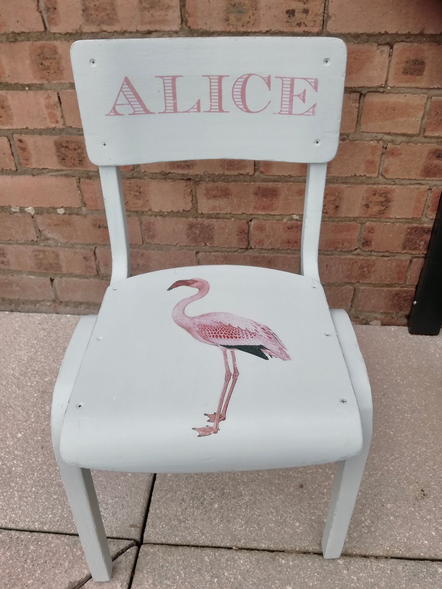 Commission for Silvia Vintage Personalised children's school chair with Flamingo design