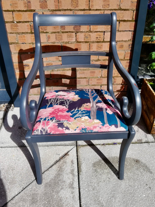 Vintage carver chair  painted in Steel Grey and upholstered in beautiful velvet